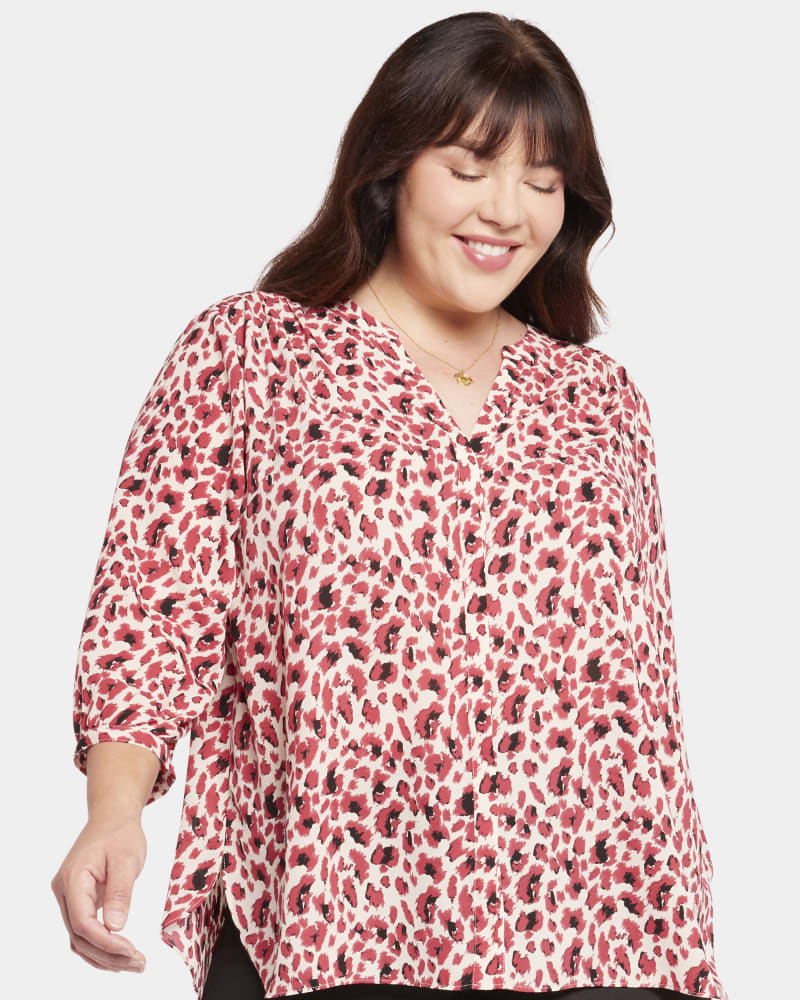 Front of a model wearing a size 0X Pintuck Blouse in Avery Animal by NYDJ. | dia_product_style_image_id:239512